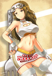  armband breasts cleavage_cutout clothing_cutout commentary_request crop_top dated female fingerless_gloves fork gloves goggles goggles_on_head highres kouya_no_kotobuki_hikoutai long_hair looking_at_viewer medium_breasts midriff mole mole_under_eye navel nissin_cup_noodle samenoido skirt smile solo white_gloves white_legwear white_skirt zara_(kouya_no_kotobuki_hikoutai) 