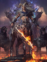  1boy armor artist_name bahamut_crisis battle canine centaur cloud collar commentary_request company_name dated fire flaming_sword flaming_weapon full_body greaves grey_eyes highres horns long_hair male_focus monster_boy official_art outdoors photoshop_(medium) realistic solo spiked_collar spikes standing suranaki taur watermark white_hair 