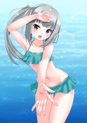  artistic_error ass_visible_through_thighs bad_hands bare_shoulders bikini blush breasts brown_eyes collarbone commentary_request cowboy_shot extra_digits female gradient_background green_bikini grey_hair highres kantai_collection kasumi_(kancolle) kasumi_kai_ni_(swimsuit_mode)_(kancolle) kaze_makase long_hair looking_at_viewer navel open_mouth reaching reaching_towards_viewer side_ponytail small_breasts solo swimsuit 