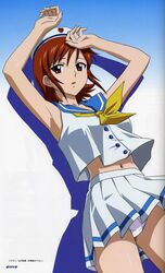  00s armpits bandai bare_legs breasts brown_eyes brown_hair female female hat looking_at_viewer nakamura_ayamo open_mouth pantyshot scan school_uniform short_hair skirt smile stratos_4 uniform wind yamauchi_noriyasu 