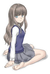  arm_support bangs barefoot blue_eyes blue_vest brown_hair feet female full_body grey_skirt hime_cut kneeling looking_at_viewer looking_back original pleated_skirt school_uniform soles solo souji_kurokawa toes vest white_shirt 