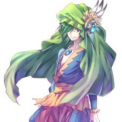  1boy closed_mouth collarbone commentary_request cowboy_shot elazul feathers gem green_eyes green_hair hair_between_eyes hair_over_one_eye hat jewelry legend_of_mana long_sleeves looking_at_viewer male_focus seiken_densetsu simple_background smile solo standing tunic white_background yuzucha 