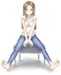  arm_support barefoot blue_eyes brown_hair denim feet female full_body jeans looking_at_viewer necklace original sitting soles solo souji_kurokawa toes white_shirt 