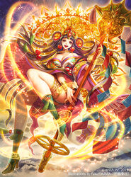  :d artist_name bad_anatomy bahamut_crisis boots bracelet breasts brown_eyes brown_hair cleavage commentary_request company_name dated earrings female gold_trim green_footwear headpiece highres holding holding_staff jewelry large_breasts long_hair looking_at_viewer magic_circle medallion official_art open_mouth sitting smile staff tajima_yukie thighlet wide_sleeves 