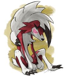  2016 ambiguous_gender anthro canid canine claws deathhawk fur generation_7_pokemon hunched_over lycanroc mammal midnight_lycanroc nintendo pokemon pokemon_(species) red_body red_fur saku-senpai sharp_teeth simple_background solo teeth white_background white_body white_fur 