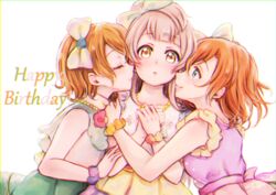  3girls blue_eyes bow brown_hair chromatic_aberration closed_eyes commentary dress girl_sandwich grey_hair hairbow hand_on_another&#039;s_arm hand_on_another&#039;s_shoulder happy_birthday imminent_kiss koizumi_hanayo kosaka_honoka long_hair looking_at_viewer love_live! love_live!_school_idol_project minami_kotori multiple_girls one_side_up orange_hair own_hands_together printemps_(love_live!) sandwiched short_hair signature suito upper_body wristband yellow_eyes yuri 