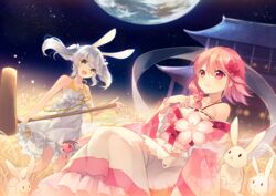  2girls animal_ears baimi_(dong-jin_rice-hime) bare_shoulders braid collarbone dong-jin_rice-hime dress earth_(planet) flower hair_flower hair_ornament highres long_hair mallet mid-autumn_festival multiple_girls night pink_hair planet rabbit rabbit_ears sergestid_shrimp_in_tungkang shinia suiji sundress white_dress white_hair xuan_ying 