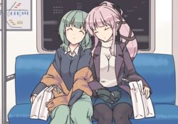  2girls alternate_costume alternate_hairstyle bag black_legwear black_ribbon blue_skirt blunt_bangs breasts closed_eyes coat collared_shirt commentary couch green_hair green_skirt grey_sweater hair_down hair_flaps hair_ribbon hat indoors kantai_collection long_hair long_sleeves map medium_hair multiple_girls nakadori_(movgnsk) night orange_shawl parted_lips pink_hair ponytail purple_coat railing ribbon shawl shirt shopping_bag sidelocks sitting skirt sleeping sleeping_on_person sleeping_upright sweater train_interior turtleneck turtleneck_sweater unworn_hat unworn_headwear white_shirt white_sweater window yura_(kancolle) yuubari_(kancolle) 