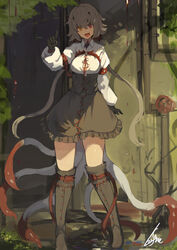  :d boots collared_shirt gloves grey_footwear grey_gloves grey_hair grey_skirt hand_up heterochromia high-waist_skirt highres index_finger_raised knee_boots lansane long_sleeves looking_at_viewer open_mouth original outdoors pigeon-toed red_eyes shirt signature skirt smile solo standing tentacle vararia_(lansane) wing_collar yellow_eyes 