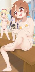  3girls bare_arms bare_legs bare_shoulders barefoot bikini black_hair blonde_hair blurry blurry_background brown_hair collarbone feet head_out_of_frame higero_(wataten) highres himesaka_noa holding hoshino_hinata knee_up legs_apart lolicon long_hair multiple_girls shiny shiny_skin shirosaki_hana side-tie_bikini sitting sl8-all standing swimsuit toes two-tone_bikini watashi_ni_tenshi_ga_maiorita! 