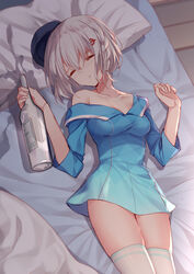  admiral_(warship_girls_r) bare_shoulders bed bison_cangshu blanket blue_dress blue_hat blurry bottle braid breasts closed_eyes closed_mouth collarbone commentary_request cowboy_shot depth_of_field dress drunk facing_viewer female hair_ornament hairclip hands_up hat head_tilt highres holding holding_bottle lying medium_breasts on_back on_bed pillow sake_bottle short_hair short_sleeves skindentation sleeping solo sovetsky_soyuz_(warship_girls_r) thighhighs warship_girls_r white_hair white_thighhighs zettai_ryouiki 