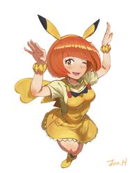  bracelet breasts creatures_(company) dress eyebrows female game_freak jewelry jonathan_h matching_hair/eyes nintendo open_mouth orange_eyes orange_hair pikarla pokemon pokemon_(game) pokemon_sm short_hair simple_background smile solo tail white_background 