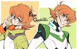  2girls adjusting_eyewear antenna_hair bad_id bad_twitter_id bae_(baebae) bodysuit character_name dated dual_persona glasses grin highres multiple_girls multiple_views orange_eyes orange_hair pidge_gunderson pilot_suit reverse_trap science_fiction short_hair smile turtleneck twitter_username voltron:_legendary_defender voltron_(series) 