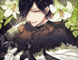  1boy black_gloves black_hair commentary flower fur_trim glint gloves grin hair_over_one_eye kotobuki_(medetai) lily_(flower) long_sleeves looking_at_viewer male_focus oscar_the_frozen_sea_admiral pixiv_fantasia pixiv_fantasia_last_saga red_eyes smile solo standing sword upper_body weapon 