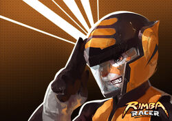  absurd_res anthro armor clenched_teeth clothed clothing english_text felid gesture headgear helmet hi_res male mammal pantherine rimba_racer salute shattered solo tag_(rimba_racer) tantaku teeth text tiger 