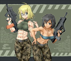  2girls abs ahoge ak-74 artist_name assault_rifle bandeau bare_shoulders black-framed_eyewear black_hair blue_eyes blush breasts bullpup camouflage cargo_pants collarbone commentary covered_nipples crop_top dark-skinned_female dark_skin ebr-kii english_commentary glasses green_background grey_eyes gun halterneck hand_on_own_hip holding holding_gun holding_weapon kalashnikov_rifle leaning_forward light_smile medium_breasts midriff multiple_girls muscular muscular_female navel obliques original ots-14_groza pants rifle russian_text semi-rimless_eyewear short_hair strapless toned translated trigger_discipline under-rim_eyewear weapon 