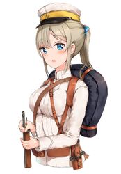  bad_id bad_pixiv_id blonde_hair blue_eyes blue_ribbon breasts female gun hair_ribbon hat highres holding holding_gun holding_weapon imperial_japanese_army large_breasts military military_hat military_uniform original peaked_cap ponytail ribbon rifle sidelocks simple_background solo syotastar uniform upper_body weapon white_background 