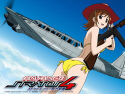  00s ass back bandai bare_legs bikini breasts brown_eyes brown_hair dated female female hat looking_at_viewer nakamura_ayamo open_mouth pose scan shiny_skin short_hair sky smile stratos_4 swimsuit weapon yamauchi_noriyasu 