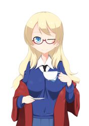  ;) bespectacled black_necktie blonde_hair blue_eyes blue_sweater collared_shirt commentary_request cup darjeeling_(girls_und_panzer) dress_shirt female fusion girls_und_panzer glasses hair_down hazuki_shizuku highres kitamura_eri long_hair long_sleeves looking_at_viewer necktie new_game! one_eye_closed plate pleated_skirt red-framed_eyewear saucer school_uniform semi-rimless_eyewear shirt simple_background skirt smile solo st._gloriana&#039;s_school_uniform sweater teacup upper_body v-neck voice_actor_connection white_background white_shirt zafuri_(yzrnegy) 