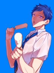  1boy absurdres blue_background blue_hair blue_necktie commentary_request ensemble_stars! food furei_milk fushimi_yuzuru highres looking_at_viewer male_focus melting mole mole_under_eye necktie open_mouth outstretched_arm popsicle purple_eyes school_uniform shirt simple_background solo sweat upper_body wet wet_clothes wet_shirt yumenosaki_school_uniform 