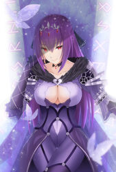  breasts bug butterfly cleavage cleavage_cutout clothing_cutout collarbone commentary_request elbow_gloves fate/grand_order fate_(series) female fur_collar gloves hair_ribbon highres large_breasts long_hair looking_at_viewer mebi_il purple_gloves purple_hair red_eyes ribbon runes scathach_(fate) scathach_skadi_(fate) scathach_skadi_(second_ascension)_(fate) solo tiara 