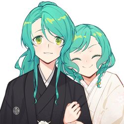  2girls ^_^ aqua_hair arm_hug bang_dream! black_kimono bow braid closed_eyes commentary_request green_eyes hairbow hikawa_hina hikawa_sayo incest japanese_clothes kimono looking_at_viewer milk_puppy multiple_girls parted_lips picrew ponytail shiromuku siblings sidelocks simple_background sisters smile third-party_source twin_braids twincest twins uchikake upper_body wedding white_background white_kimono wife_and_wife yellow_bow yuri 