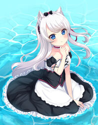  :t absurdres animal_ear_fluff animal_ears apron azur_lane black_bow black_dress blue_eyes blush bow cat_ears closed_mouth commentary_request day detached_sleeves dress female frilled_dress frills grey_hair hair_ribbon hairbow hammann_(azur_lane) hammann_(retrofit)_(azur_lane) hand_up highres long_hair looking_at_viewer one_side_up outdoors pout puffy_short_sleeves puffy_sleeves red_ribbon ribbon short_sleeves sitting solo strapless strapless_dress suzu_(minagi) very_long_hair waist_apron water white_apron 