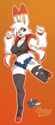  2019 anthro anthrofied bottomwear breasts clothed clothing denim denim_clothing digital_drawing_(artwork) digital_media_(artwork) female full-length_portrait generation_8_pokemon hair hi_res honky_kat lagomorph mammal nintendo pokemon pokemon_(species) pokemorph portrait red_eyes scorbunny shorts simple_background solo torn_clothing 