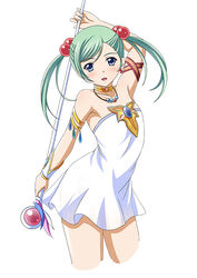  arm_up bare_shoulders blue_eyes cropped_legs dress earrings female flat_chest green_hair hair_bobbles hair_ornament holding ikkitousen jewelry long_hair looking_at_viewer magatama magatama_earrings necklace open_mouth photoshop_(medium) see-through_silhouette shokatsuryou_koumei simple_background solo staff strapless strapless_dress twintails white_background white_dress 