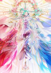  alternate_costume androgynous breaking closed_eyes colored_eyelashes crack cross crystal_hair dual_persona flower gem golden_arms goshenite_(houseki_no_kuni) green_hair highres houseki_no_kuni long_hair megumi_cv morganite_(houseki_no_kuni) multiple_others outstretched_arm outstretched_arms phosphophyllite pink_hair shards short_hair spoilers white_hair 