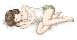  bare_shoulders barefoot brown_hair camisole closed_eyes collarbone feet female green_shorts head_on_hand legs lying on_side open_mouth original short_hair sleeping solo souji_kurokawa thought_bubble toes 