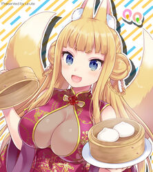  :d animal_ear_fluff animal_ears artist_name bamboo_steamer baozi bare_shoulders blonde_hair blue_eyes blunt_bangs blush braid breasts china_dress chinese_clothes cleavage cleavage_cutout clothing_cutout commentary_request double_bun dress dutch_angle female food fox_ears hair_bun holding holding_plate impossible_clothes impossible_dress large_breasts long_hair miyano_ururu multicolored_background multiple_tails open_mouth original plate print_dress purple_dress see-through sleeveless sleeveless_dress smile solo straight_hair tail two_tails upper_body very_long_hair 