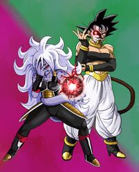  1boy a_silvers_1997 alternate_form android_21 bardock bardock_(xeno) bare_shoulders biceps black_footwear black_hair black_nails black_sclera black_tube_top boots broken_mask colored_sclera colored_skin commentary cosplay costume_switch crossdressing curly_hair detached_sleeves dragon_ball dragon_ball_fighterz dragon_ball_xenoverse dragon_ball_z_dokkan_battle earrings energy_ball english_commentary female full_body glowing green_background hair_between_eyes hand_on_own_elbow hand_over_face harem_pants high_heels highres hoop_earrings jewelry light_purple_hair long_hair majin_android_21 mask masked_saiyan meme multicolored_background nail_polish neck_ring official_alternate_costume pants pointy_ears pose purple_background purple_skin red_eyes spiked_hair standing strapless tail time_breaker_mask tube_top wrist_cuffs wrist_guards 