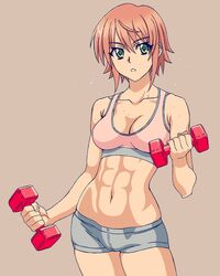  abs ahoge anett_hosenfeld bare_shoulders breasts cleavage commentary_request dumbbell exercising female green_eyes harasyu1 highres looking_to_the_side medium_breasts midriff muscular muscular_female muv-luv muv-luv_alternative navel open_mouth schwarzesmarken short_hair short_shorts shorts simple_background solo sports_bra sweat teeth weightlifting weights 