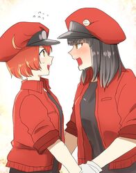  2girls ae-3803 black_hair black_shirt blush bob_cut cabbie_hat commentary_request flying_sweatdrops gloves habakani hat hataraku_saibou jacket multiple_girls nt-4201 red_blood_cell_(hataraku_saibou) red_hair red_jacket shirt short_hair sweatdrop uniform upper_body white_gloves yellow_eyes 