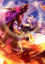  1other armor armored_boots armored_dress bad_id bad_pixiv_id boots breasts camilla_(fire_emblem) cleavage cloud cloudy_sky commentary dragon dutch_angle fake_horns fantasy female fire_emblem fire_emblem_fates full_body gauntlets glowing glowing_eyes gold_trim hair_over_one_eye helm helmet horned_headwear horns large_breasts light_purple_hair long_hair looking_at_viewer panda_lee purple_eyes red_eyes reins riding roaring shoe_soles sky smile stirrups_(riding) wyvern 