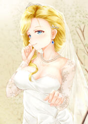  azur_lane blonde_hair blue_eyes breasts bridal_veil cleavage collarbone commentary_request dress earrings female hair_over_shoulder highres hood_(azur_lane) hood_(rosey_love_poem)_(azur_lane) jewelry kcc_(tanimahimeyuri) large_breasts long_hair necklace official_alternate_costume solo tiara veil wedding_dress 