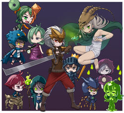  1boy 6+girls :d :o ;d alternate_skin_color animal_hood antenna_hair armor bare_shoulders barefoot belt black_hair black_hat blue_background blue_cape blunt_bangs bowler_hat bronze_automaton brown_gloves brown_hair cape chibi clock colored_skin commentary deca_(slay_the_spire) donu_(slay_the_spire) double_bun english_commentary gloves green_eyes green_hair green_skin grey_eyes hair_bun hat helmet hexaghost hitodama holding holding_knife holding_staff holding_sword holding_weapon hood knife mask monster_girl moriko_(moliko) multiple_girls one_eye_closed open_mouth personification photoshop_(medium) pocket_watch pouch red_eyes red_hair short_hair skull_on_head slay_the_spire sleepy slime_(substance) slime_boss slime_girl smile staff standing sword the_awakened_one the_champ_(slay_the_spire) the_collector_(slay_the_spire) the_guardian_(slay_the_spire) the_ironclad the_silent time_eater watch weapon white_hair yellow_eyes 