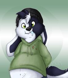  2016 anthro blue_body blue_fur bodily_fluids border_collie canid canine canis clothing collie domestic_dog drooling fur green_eyes hat headgear headwear herding_dog hoodie kwik_(artist) male mammal overweight overweight_anthro overweight_male pastoral_dog saliva sheepdog solo topwear white_body white_fur 