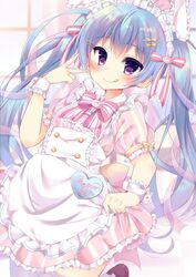  :q blue_hair commentary_request cursive female long_hair maid maid_headdress moe2016 momoirone name_tag original purple_eyes solo tongue tongue_out twintails wrist_cuffs 