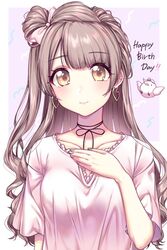  brown_hair choker commentary_request earrings eyebrows female happy_birthday heart heart_earrings jewelry long_hair looking_at_viewer love_live! love_live!_school_idol_project minami_kotori minami_kotori_(bird) one_side_up ribbon ribbon_choker smile solo umeno yellow_eyes 