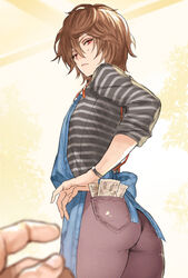  1boy apron ass brown_hair commentary_request denim doushite granblue_fantasy hair_between_eyes jeans looking_at_another male_focus money object_in_pocket official_alternate_costume pants red_eyes sandalphon_(granblue_fantasy) sandalphon_(server_of_a_sublime_brew)_(granblue_fantasy) shirt striped_clothes striped_shirt tucked_money yen 