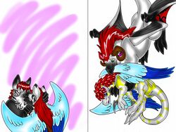  2009 amocin amocin_(amocin) anthro dragon duo female feral horn kissing male mythological_creature mythological_scalie mythology scalie vego_(amocin) wings 