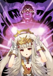  1boy animal_ears brother_and_sister bruno_(spring)_(fire_emblem) collarbone commentary_request crown dark_skin female fire_emblem fire_emblem_heroes flower gloves grey_hair hair_between_eyes hair_flower hair_ornament highres kokouno_oyazi long_hair looking_at_viewer mask mask_around_neck muscular mysterious_man_(fire_emblem) open_mouth parted_lips playboy_bunny rabbit_ears rabbit_pose red_eyes siblings teeth topless_male undressing veronica_(fire_emblem) 