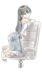  arm_support bangs barefoot belt black_hair blue_eyes camisole chair denim feet female from_behind full_body jeans kneeling looking_back office_chair original soles solo souji_kurokawa toes 