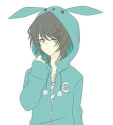  1boy animal_hood bad_id bad_pixiv_id black_hair hood hooded_jacket jacket male_focus minazuki_rui rabbit_hood ren_(friends-love) simple_background solo tsukino_talent_production tsukiuta upper_body white_background 