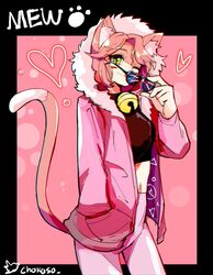  animal_ears bell breasts cat_ears female green_eyes jacket mad_mew_mew pink_hair shirt solo sunglasses tail undertale wink 