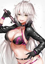  absurdres ahoge aozora_nan bikini black_bikini black_gloves breasts commentary_request fate/grand_order fate_(series) female gloves hand_on_own_hip highres holding holding_sword holding_weapon jeanne_d&#039;arc_alter_(fate) jeanne_d&#039;arc_alter_(swimsuit_berserker)_(fate) katana long_hair long_sleeves looking_at_viewer medium_breasts navel o-ring o-ring_bikini open_mouth shrug_(clothing) smile solo swimsuit sword teeth very_long_hair weapon white_hair yellow_eyes 