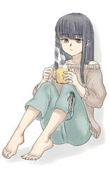  bangs barefoot black_hair blowing brown_eyes brown_shirt cup drink feet female full_body green_pants hime_cut looking_down original sitting solo souji_kurokawa steam toes 