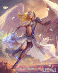  angel_wings armor artist_name blonde_hair bracer breasts cloud commentary_request company_name covered_eyes facing_viewer feathered_wings feathers female final_fantasy full_body highres holding holding_sword holding_weapon long_skirt medium_breasts midair mobius_final_fantasy navel official_art outdoors photoshop_(medium) sandals skirt solo sunset suranaki sword watermark weapon white_feathers white_skirt white_wings wings 